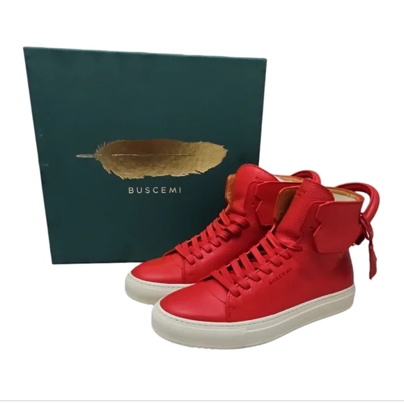 BUSCEMI |125mm Red Leather High-Top Sneakers Gold Lock EU 38 / US 8 NWT - Picture 9 of 11